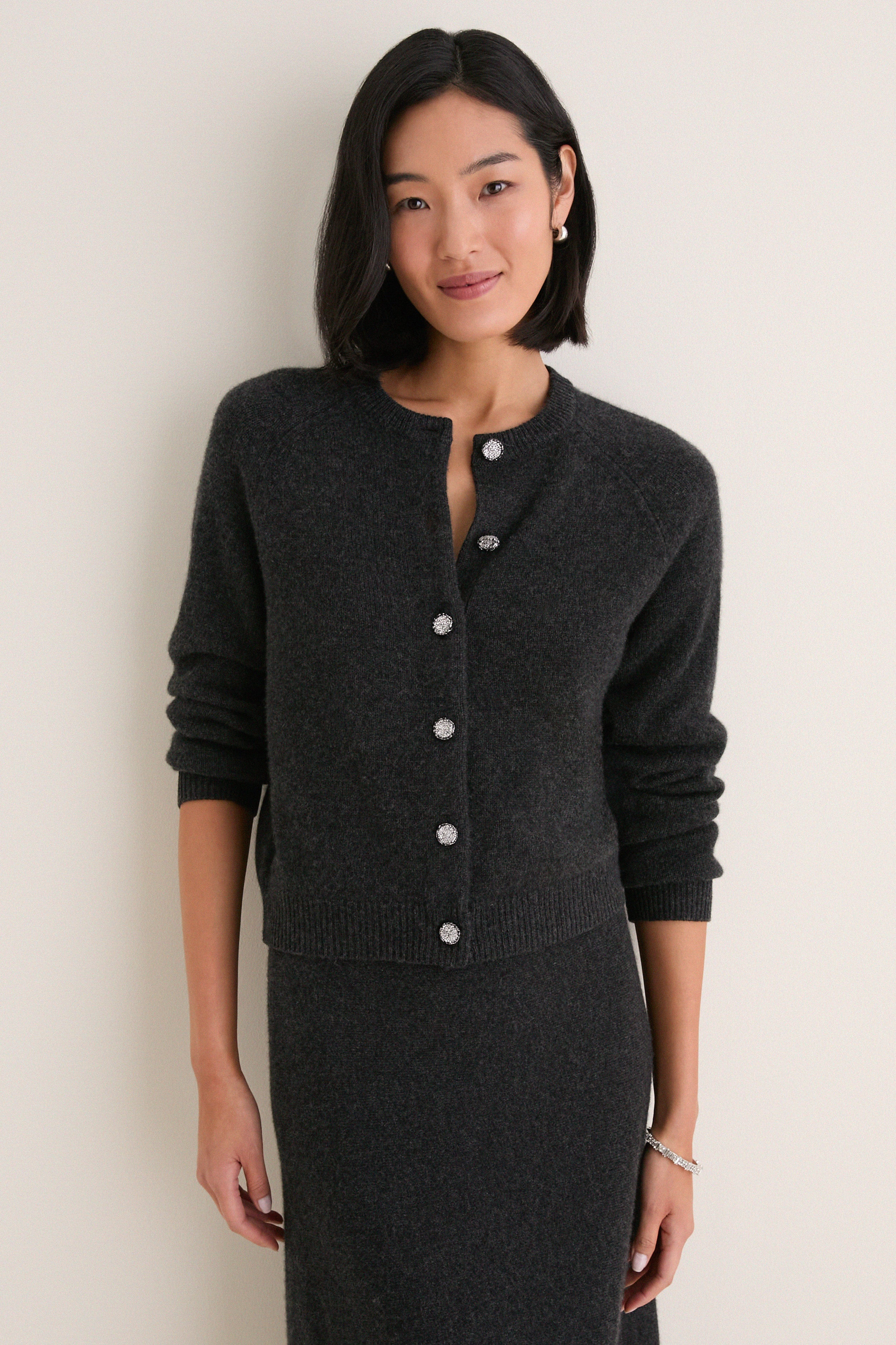 Charcoal Cashmere Embellished Button Lillian Cardigan | Tuckernuck (US)