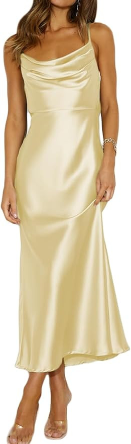 Summer Satin Spaghetti Strap Cowl Neck Backless Midi Dresses for Women Elegant Tie Low Back Ruche... | Amazon (US)
