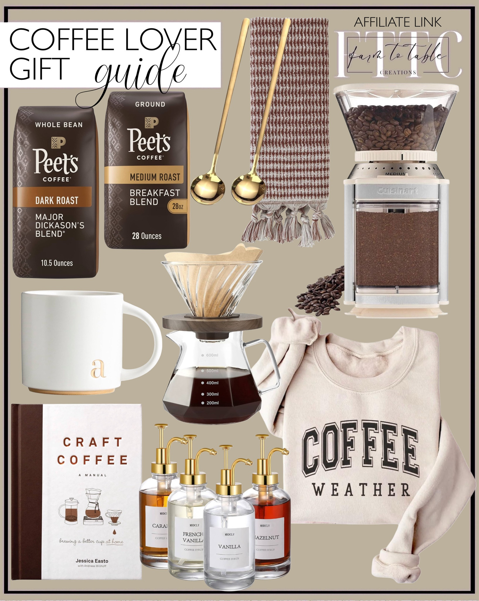 Coffee Lover Gift Guide. Follow @farmtotablecreations on Instagram for more inspiration.

Coffee Weather Sweatshirt. Pour Over Coffee Maker. Espresso Machine. CUISINART Coffee Grinder, Electric Burr One-Touch Automatic Grinder. Coffee Mug Warmer. Craft Coffee: A Manual: Brewing a Better Cup at Home. Single Spout Espresso Coffee Shot Glass with Wood Handle. Monogram ceramic mugs. Coffee Syrup Dispenser. Coffee Spoons. Turkish Hand Towel. Kitchen Cloths. Peet’s Coffee. Milk Frother. 

Gifts for friends. Christmas gifts for coffee . Holiday gifts. Stocking Stuffers. Gift Guide for coffee lovers. Coffee items. Coffee bar. Coffee drinks. Coffee station. Coffee Mugs. 

#LTKHome #LTKGiftGuide #LTKHoliday