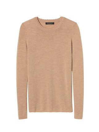 Banana Republic Womens Machine Washable Merino Scalloped Crew Camel Size L | Banana Republic US