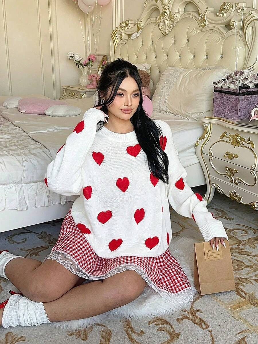 POPSWAY Valentines Day Loose Fit Crewneck Cute Heart Pattern Pullover Sweater, Autumn/Winter | SHEIN