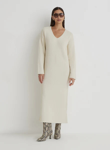 Cream V Neck Knitted Maxi Dress- Dahlia | 4th & Reckless
