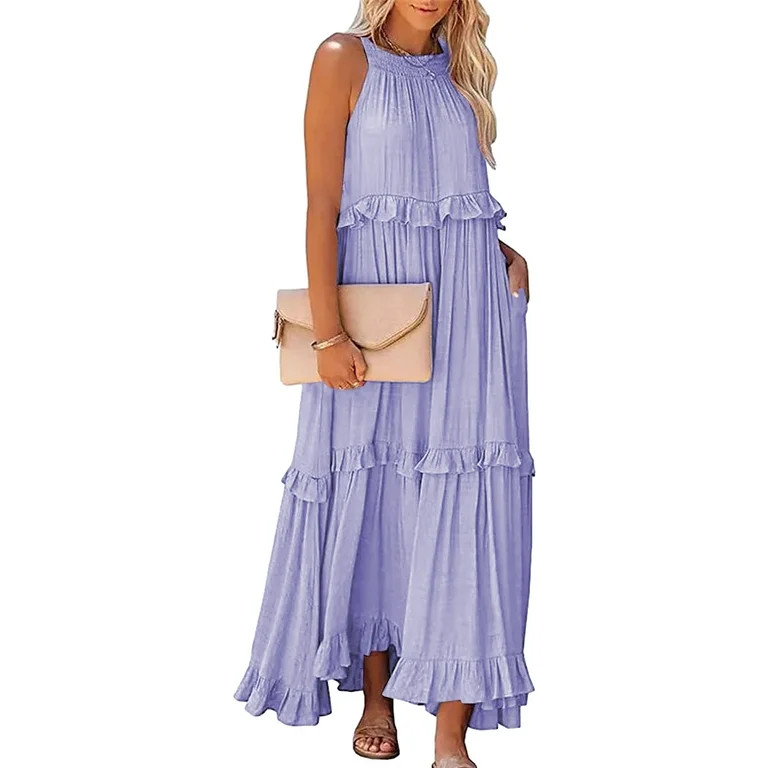 Anbech Women 2024 Ruffled Pleated Dress Flowy Long Sundress Sleeveless Boho Beach Party Dresses | Walmart (US)