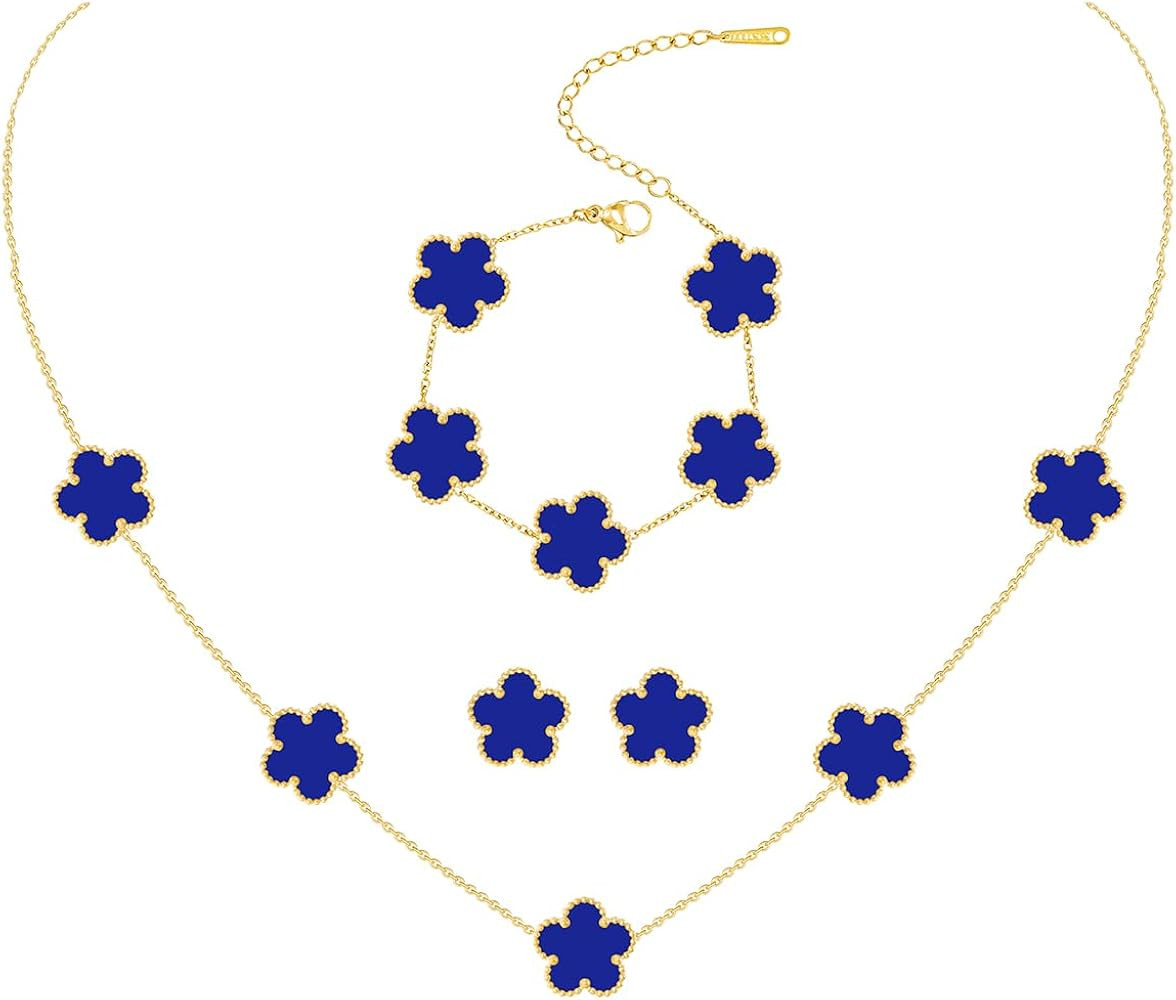 Gold Plated Stainless Steel Four Leaf Clover Bracelet, Necklace and Stud Jewelry Set for Women | Amazon (US)