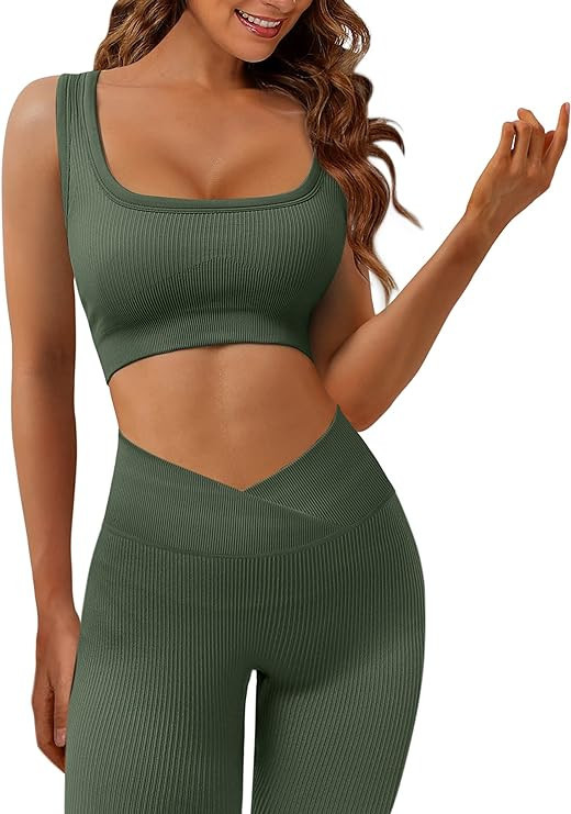 JZC Yoga Workout Outfits for Women 2 Piece Ribbed Seamless Sports Exercise Sets | Amazon (US)