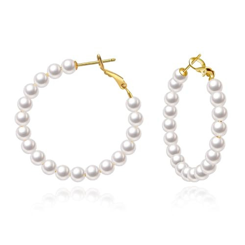 VEEDOFA Pearl Earrings for Women, Lightweight Hypoallergenic 14K Gold Plated Pearl Hoop Earrings | Amazon (US)