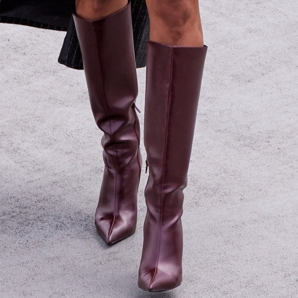 NWOT BURGUNDY PU POINT TOE KNEE HIGH STILETTO HEELED BOOTS SIZE 7 (fit like 8) | Poshmark