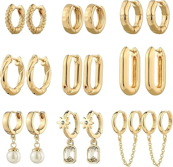 9 Pairs Gold Chunky Hoop Earrings Set for Women, 14K Gold Plated Twisted Huggie Hoop Earring Hypo... | Amazon (US)