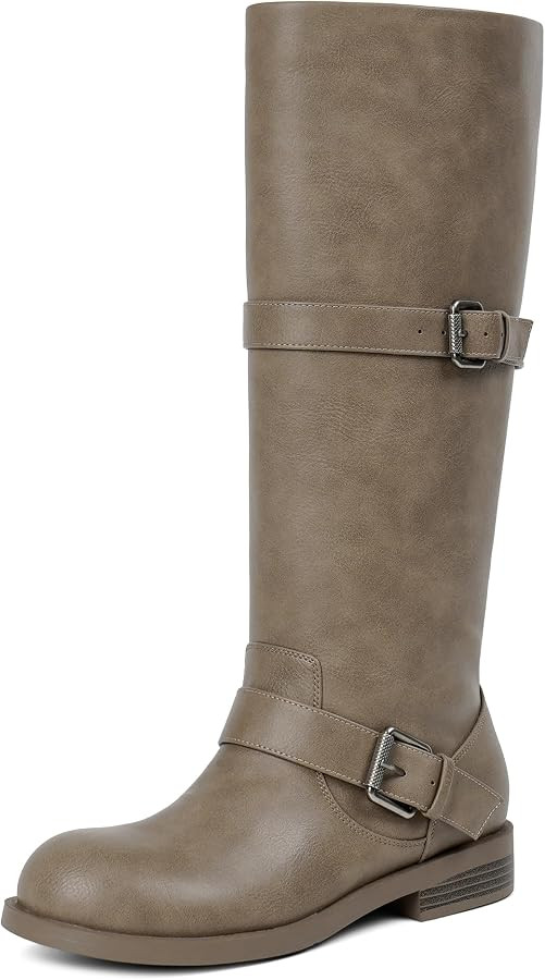 QIY Double Buckle Knee High Boots for Women Vintage Flat Riding Tall Boots | Amazon (US)