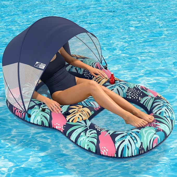 Pool Floats Adult with UPF 50+ Sunshade Canopy, Inflatable Pool Floaties Lounger with Headrest Cu... | Amazon (US)