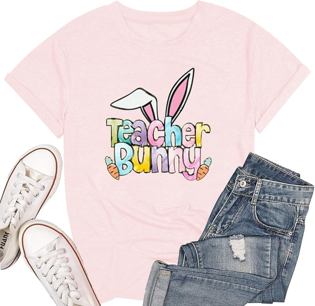 Teacher Bunny Shirts for Women Easter T Shirts Funny Rabbit Graphic Tees Teacher Casual Short Sle... | Amazon (US)
