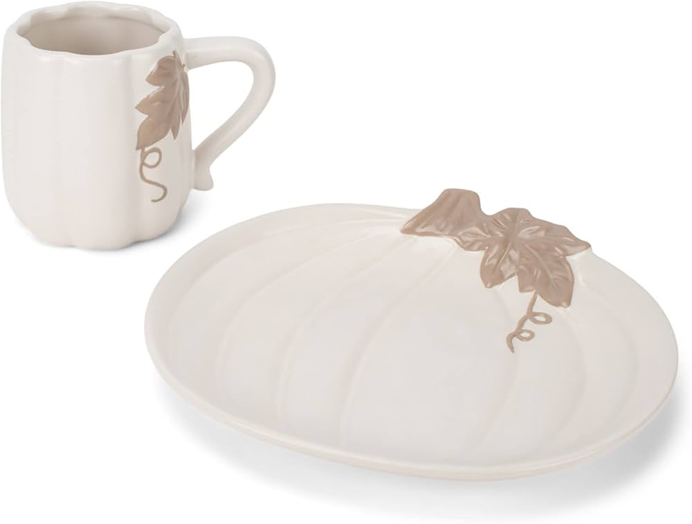 Nat & Jules Pumpkin 12 ounce Ceramic Coffee Mug and Small Plate 2 Piece Set, White | Amazon (US)