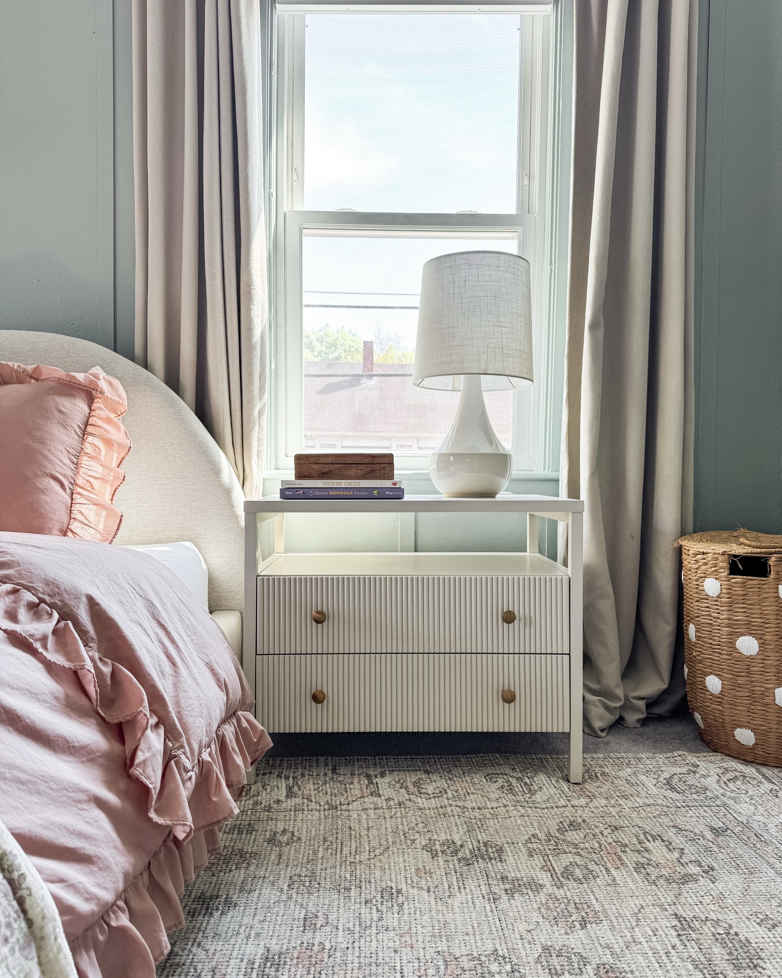 Girls bedroom, white nightstand, brass accents, girls bedding, farrow&ball light blue, girls bedroom rug

#LTKHome #LTKKids #LTKmomlife