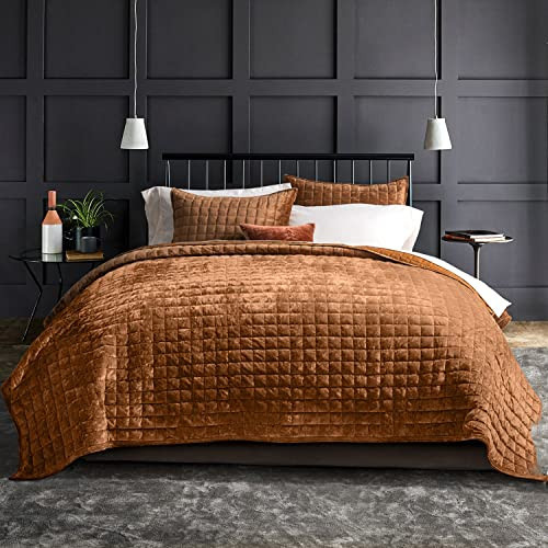 RECYCO Luxury Velvet Quilt Set King Size Bedding Sets, Ultra Soft Velvet Comforter Set, Lightweight Oversized Bedspread Quilted Coverlet for All Season, with 2 Pillow Shams, Rusty Burnt Orange | Amazon (US)