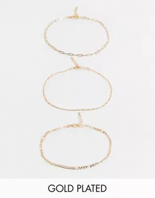 ASOS DESIGN pack of 3 14k gold plated anklets in fine mixed chain | ASOS (Global)