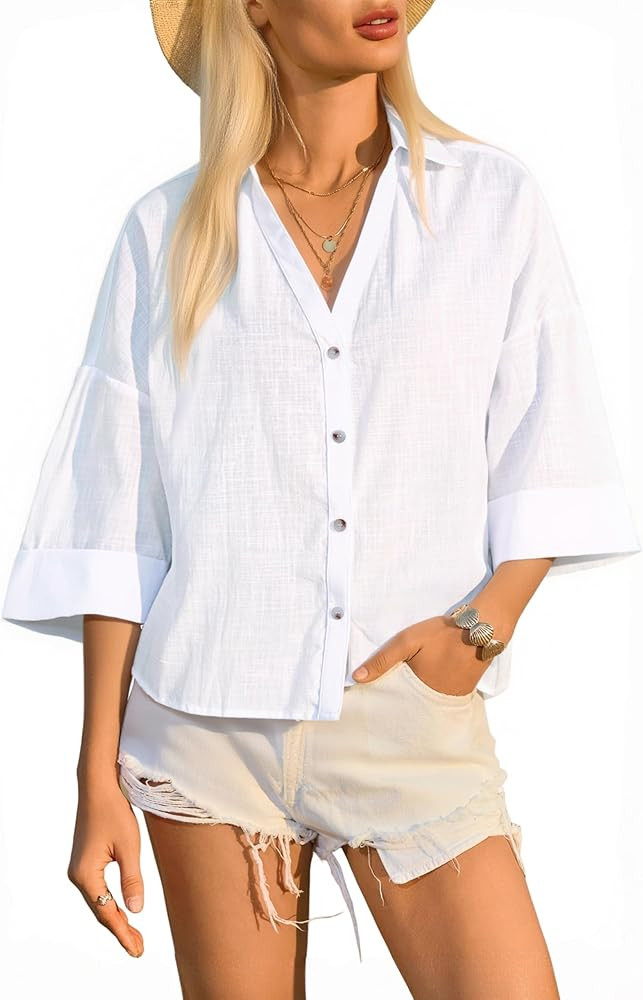 Cicy Bell Womens 3/4 Sleeve Striped Button Down Shirts Summer V Neck Tops Casual Loose Fit Work B... | Amazon (US)