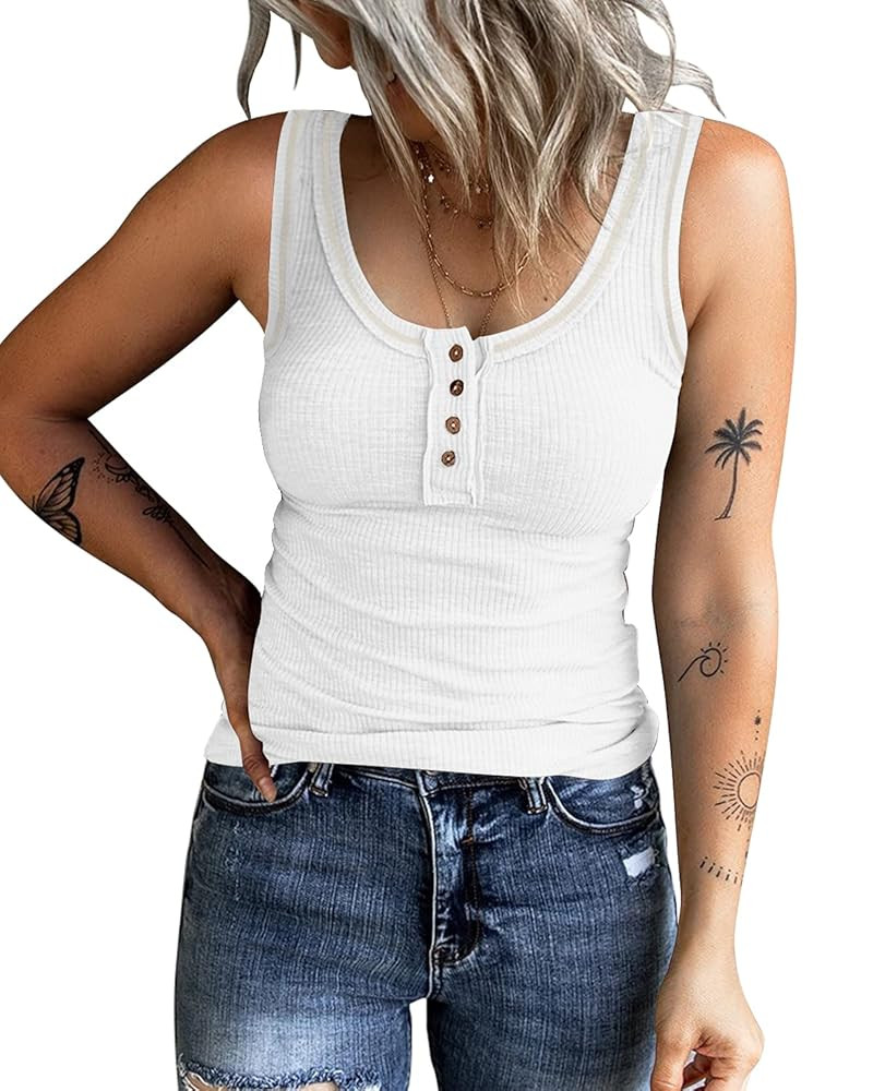 KINLONSAIR Women's Sleeveless Henley Tank Tops Ribbed V Neck Button Down T Shirts Summer Slim Fit... | Amazon (US)
