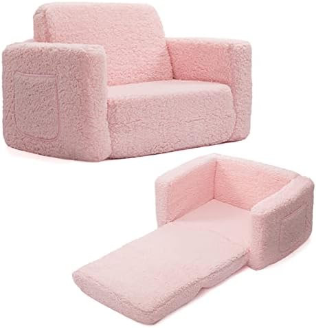 ALIMORDEN 2-in-1 Flip Out Cuddly Sherpa Toddler Couch Convertible Sofa to Lounger, Pink | Amazon (US)