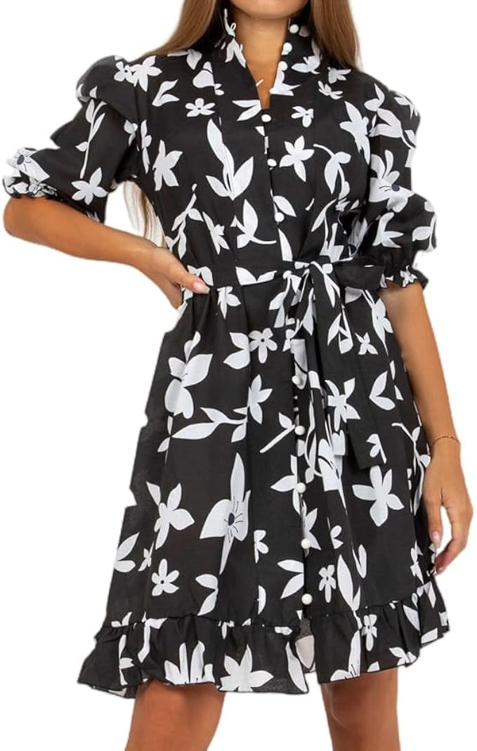 futurino Women Single Breasted A-line Dress, Floral Printed Boho Style Lantern Short Sleeve with ... | Amazon (US)
