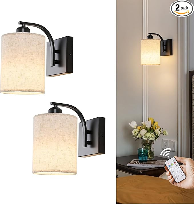 Black Rechargeable Battery Operated Wall Sconces Set of 2 with Remote, Wireless Dimmable Battery ... | Amazon (US)
