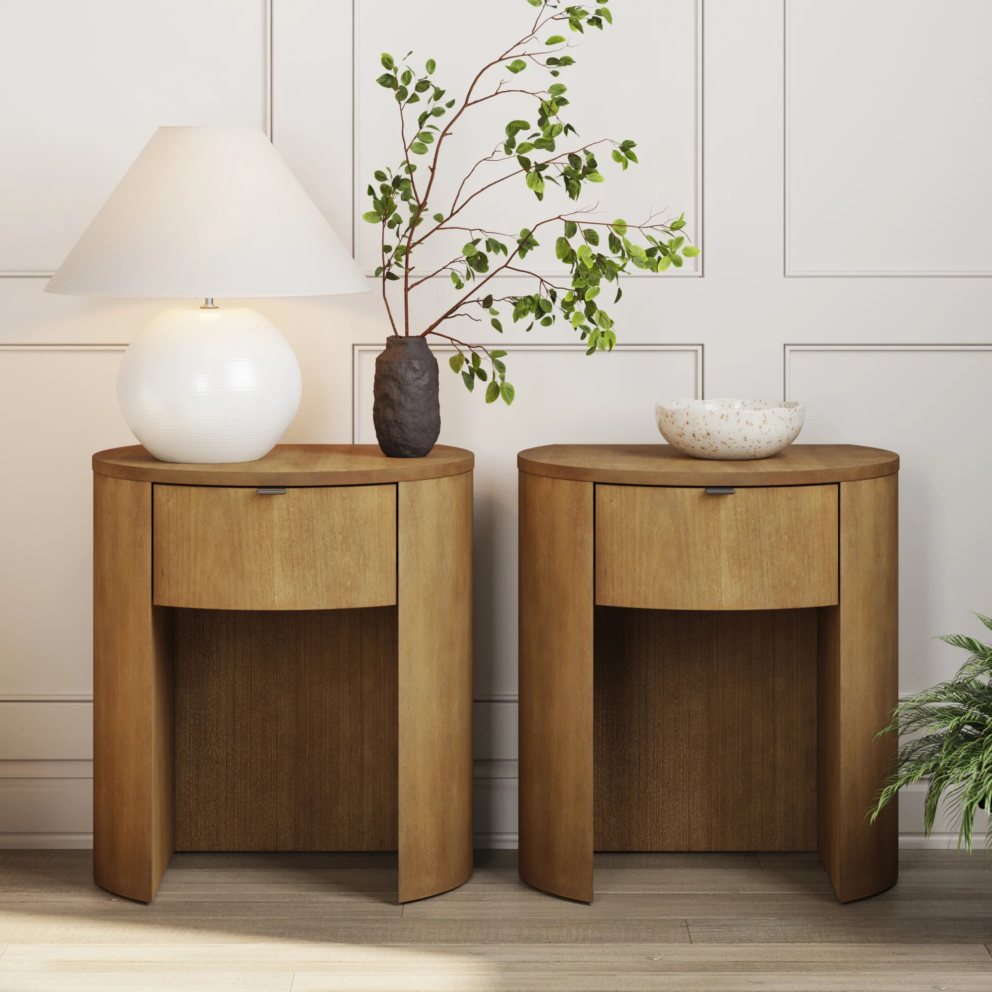 Modern Wood Curved Nightstand with Drawer Light Brown (Set of 2) | Nathan James