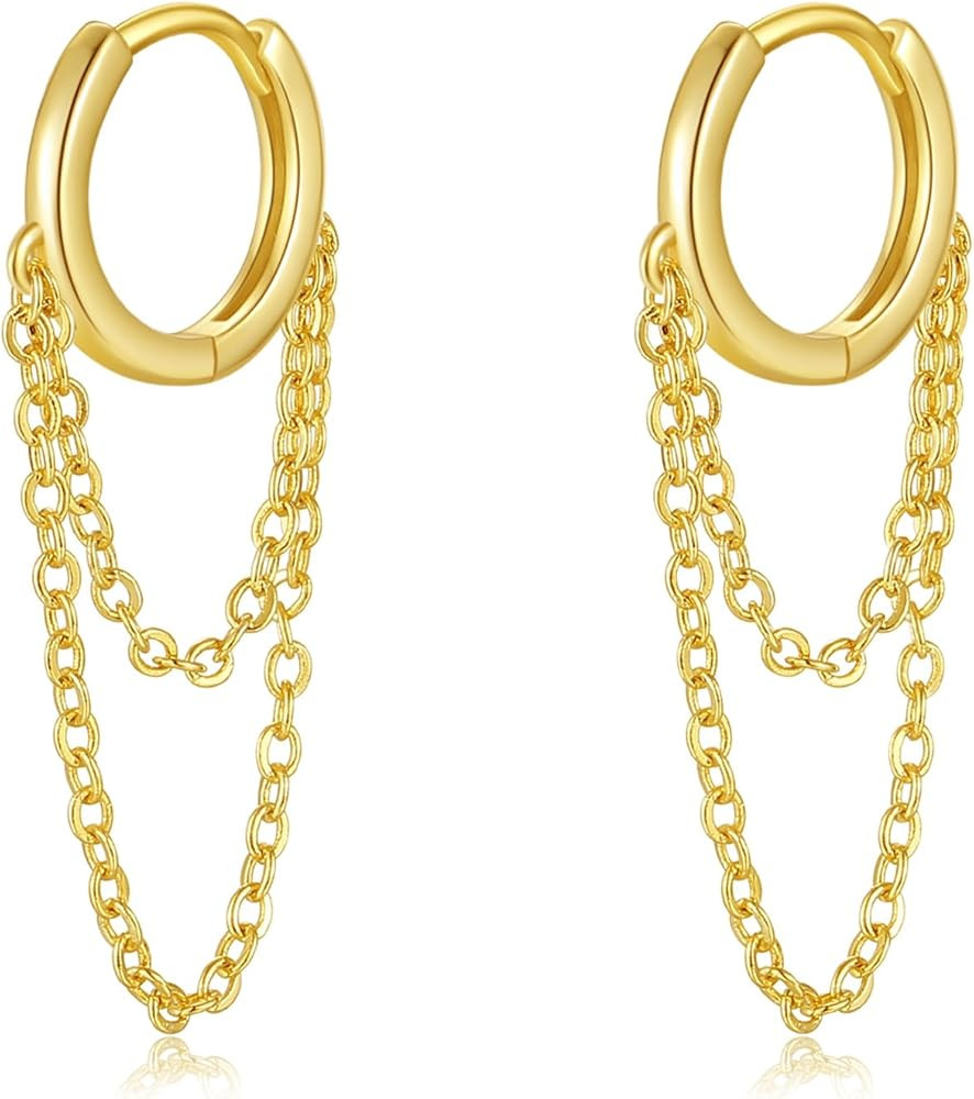 DAILY VIBES Mini 14K Gold Plated Double Chain Drop Dangle Earrings for Women Dainty Sterling Silv... | Amazon (US)