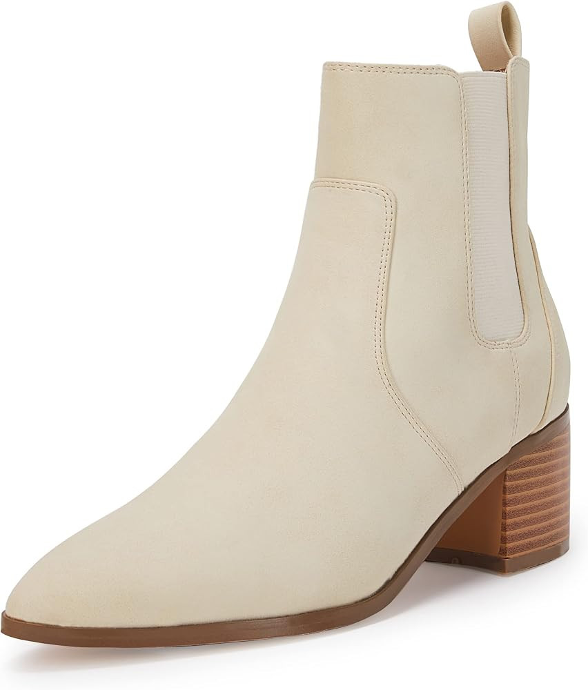 Coutgo Womens Ankle Boots Chelsea Pointed Toe Stacked Low Heel Vintage Booties Shoes with Zipper | Amazon (US)
