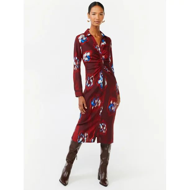 Scoop Women's Midi Shirt Dress with Ruching - Walmart.com | Walmart (US)