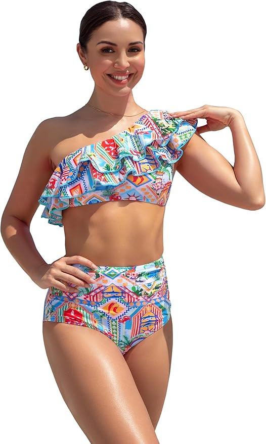 SPORLIKE Women High Waisted Swimsuit Flounce One Shoulder Bikini Padded Bathing Suit | Amazon (US)