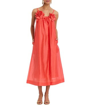 Solenn Linen Blend Organza Square Neck Sleeveless Floral Applique Midi Dress | Dillard's