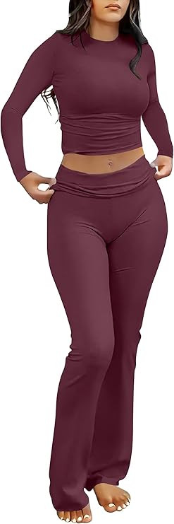 ANRABESS Women 2 Piece Outfits Fall Lounge Sets Long Sleeve Cropped Top Fold Over Flare Pants Com... | Amazon (US)