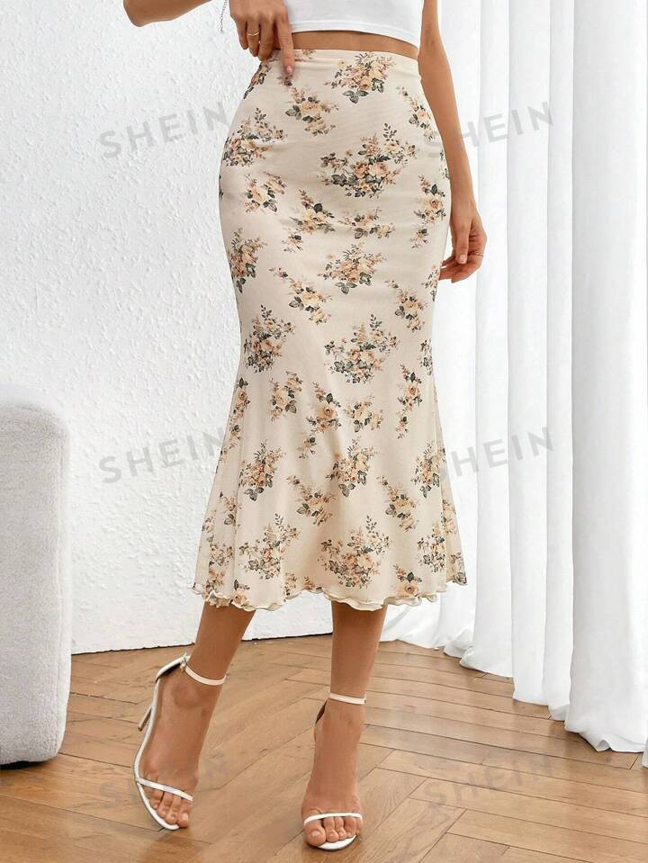 SHEIN Privé Ladies' Floral Print Elastic Waistband Mesh Skirt With Mermaid Hem | SHEIN USA | SHEIN