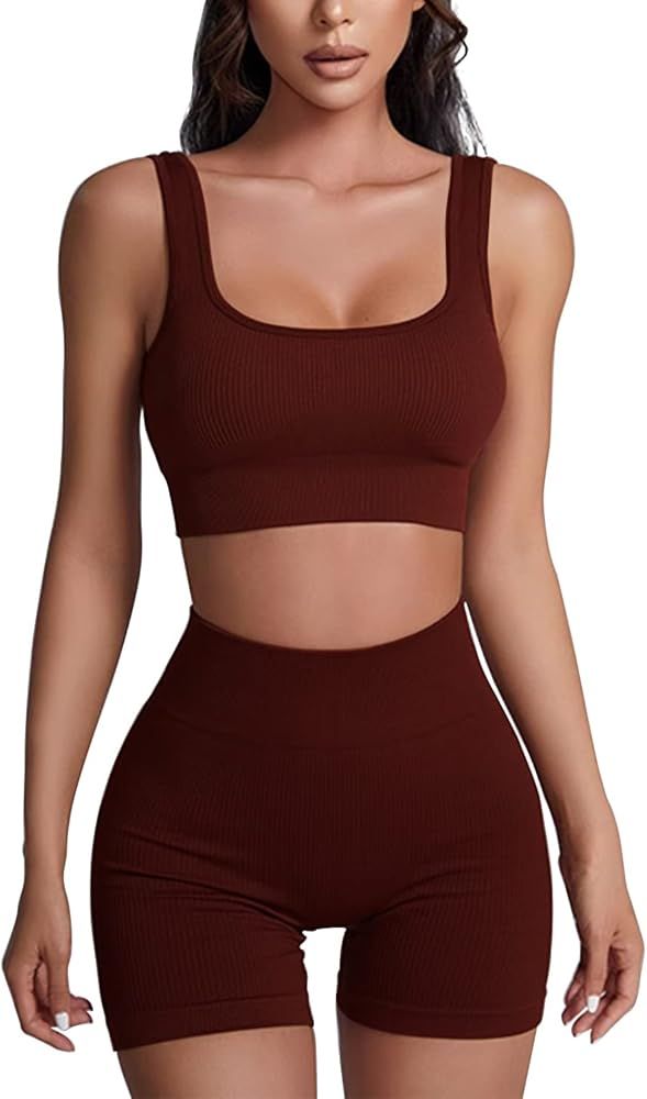 Workout Sets for Women 2 Piece Ribbed Seamless Yoga Outfits Crop Tank High Waist Exercise Shorts Sports Bra Tracksuits | Amazon (CA)