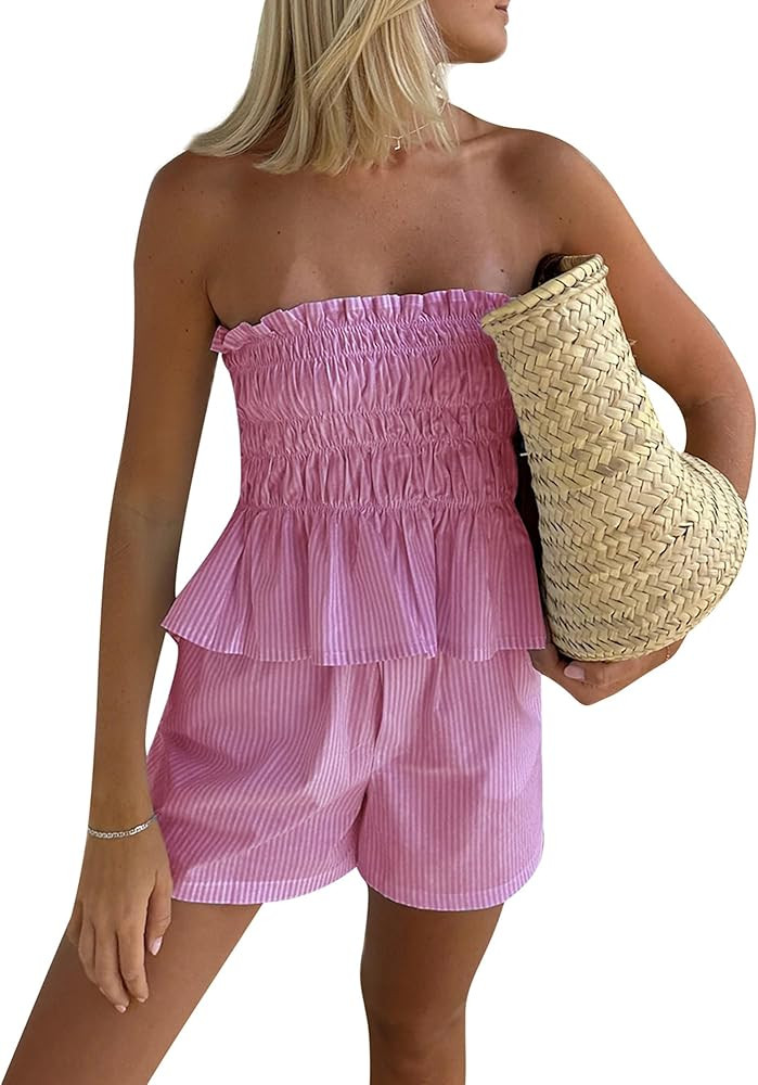 Women Summer Sexy 2 Piece Outfits Stripe Print Ruched Strapless Bandeau Tube Top Shorts Sets Stre... | Amazon (US)