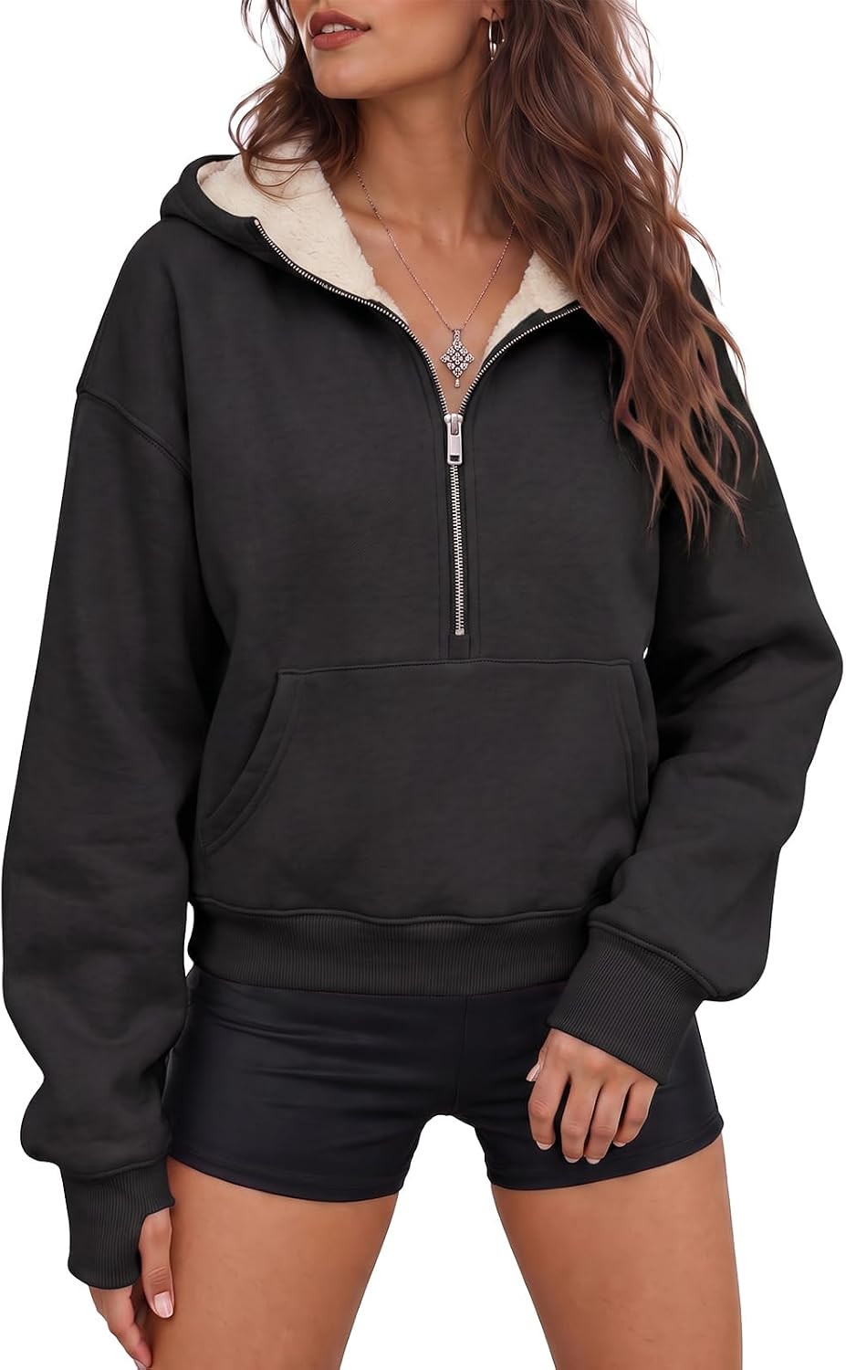 Fisoew Womens Casual Hoodies Half Zip Fuzzy Fleece Pullover Sweatshirts | Amazon (US)
