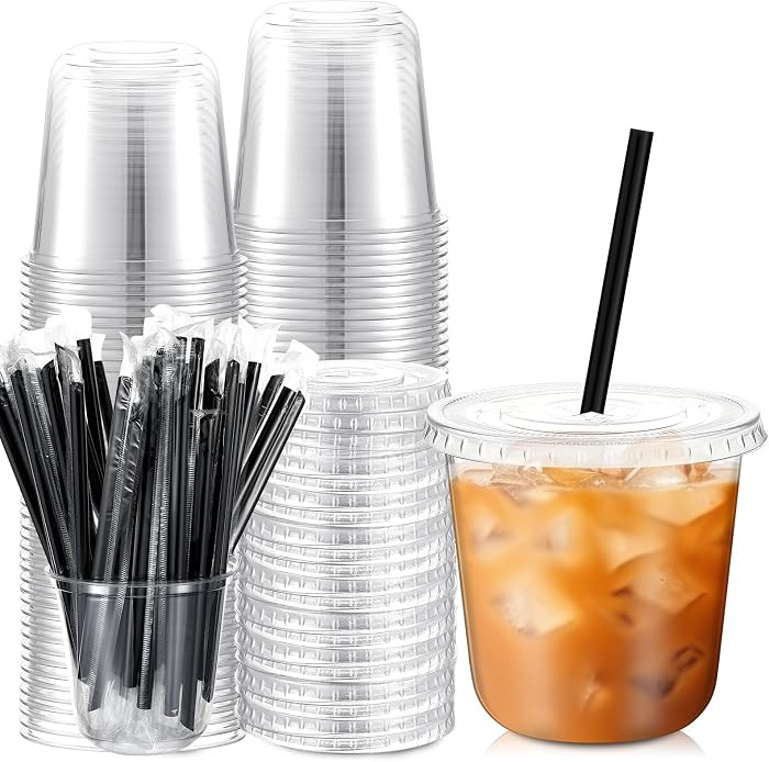 Ziliny 50 Set Clear Plastic Cups with Lids and Straws, Disposable Iced Coffee PET Cups for Drinki... | Amazon (US)