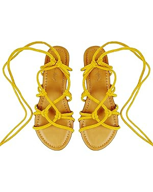 Women's Open Toe Lace Up Gladiator Flat Sandals，Slip on Roman Sandals | Amazon (US)