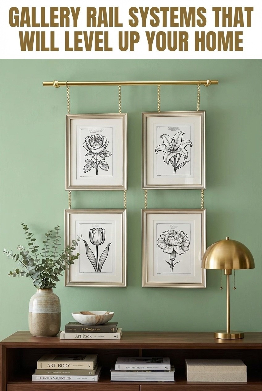 This is the perfect way to get that high-end interior design look on a total budget. It’s so chic and interesting. and with any artwork it makes the whole home aesthetic feel so cozy and curated! brass gallery rail, gold picture hanging system, wall art display, traditional home decor, botanical prints, sage green walls, hanging frame chain, vintage wall decor, transitional interior design, luxury gallery wall

#LTKHome