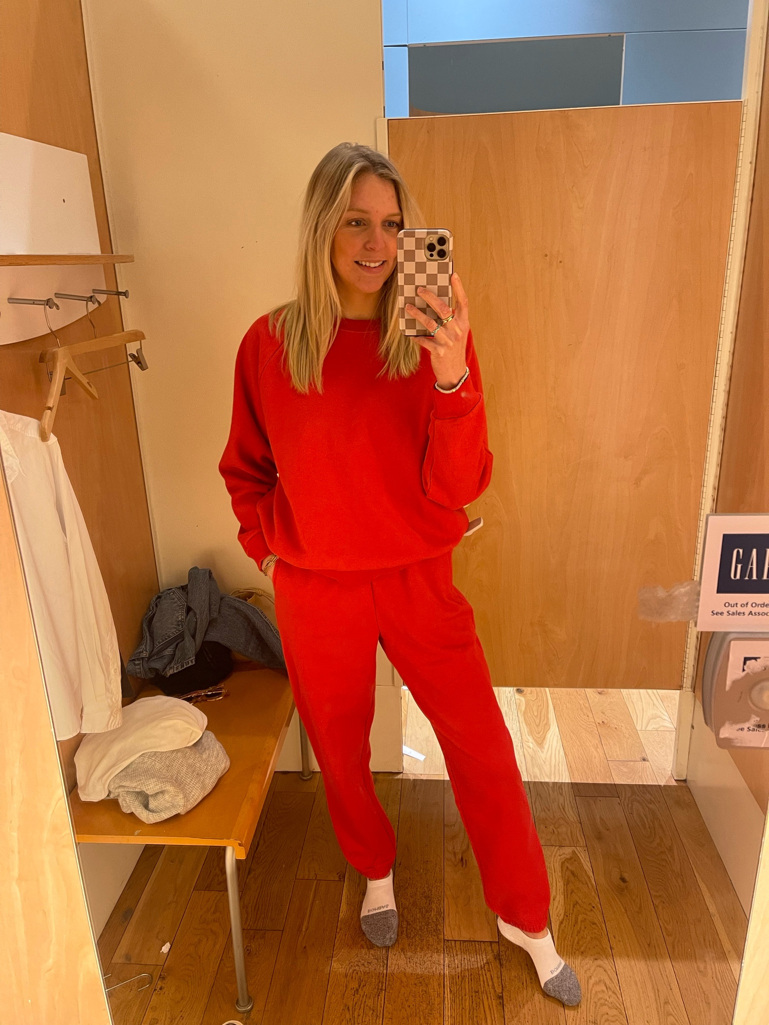 Santa or cute? Wearing a medium sweatshirt and medium tall pants!