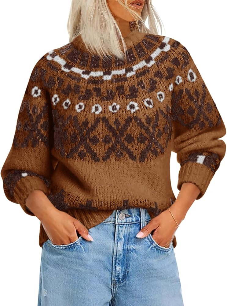 Saodimallsu Womens Fair Isle Sweater Vintage Crew Neck Long Sleeve Chunky Knit Fall Winter Pullov... | Amazon (US)