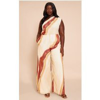 Plus Cream Abstract Chiffon One Shoulder Ruched Jumpsuit | PrettyLittleThing US