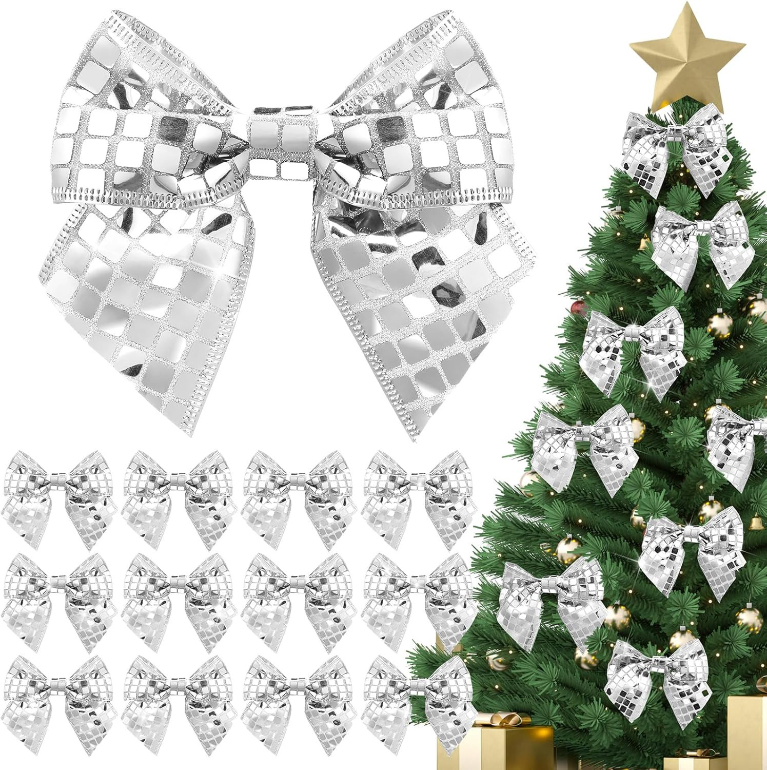 Waydress 12 Pcs 5 Inch Disco Christmas Bow Decorations Sliver Mirror Ribbon Bow Christmas Tree Bo... | Amazon (US)