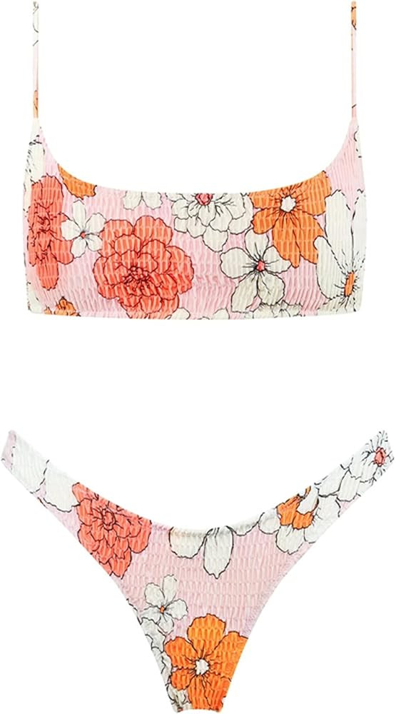 VOLAFA Women's Triangle Bikini Set Smocked Textured Scoop Frilled Print Ruched Elastic Swimsuit T... | Amazon (US)