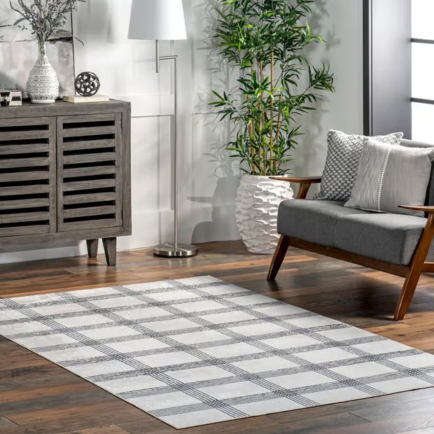 Light Gray Meryl Washable Plaid Area Rug | Rugs USA