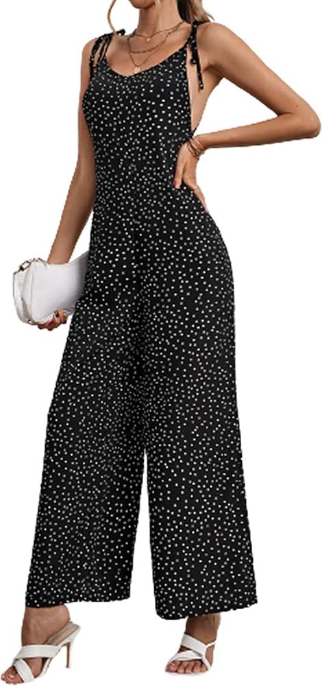 Verdusa Women's Casual Sleeveless Polka Dot Wide Leg Long Cami Jumpsuit Tie Shoulder Romper | Amazon (US)