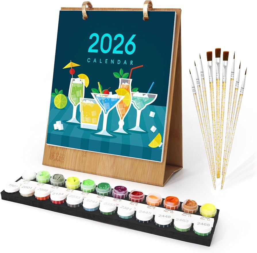 PeakLuv Paint by Numbers Calendar Kit, Paintable Cocktails Theme 2026 Standing Flip Desk Calendar... | Amazon (US)