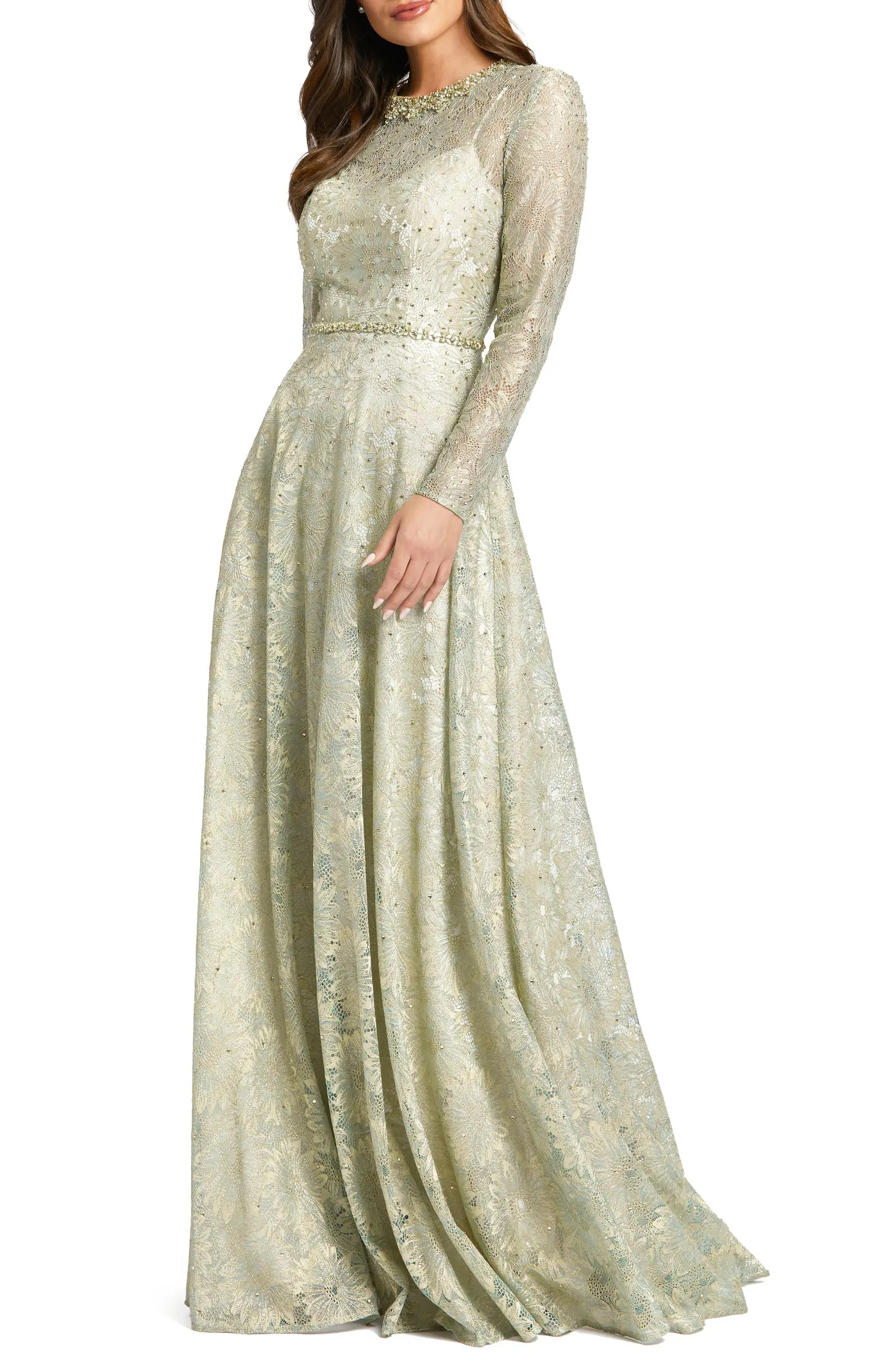 Embellished Floral Long Sleeve Lace Gown | Nordstrom