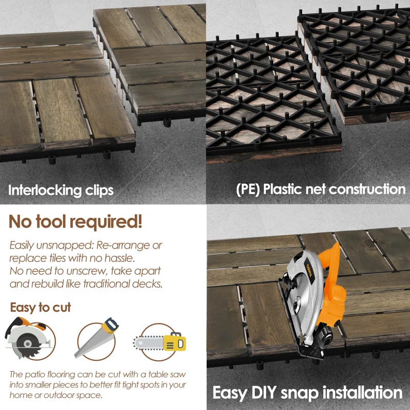 ADT1 Acacia Hardwood Interlocking Patio Deck Tiles, 12" × 12" (pack Of 10), Easy To Install Floo... | Wayfair North America