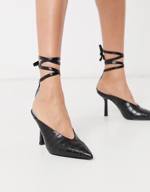 ASOS DESIGN Piper tie leg mid heels in black croc | ASOS (Global)