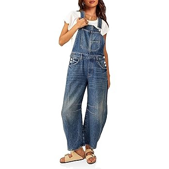 PLNOTME Womens Denim Bib Overalls Barrel Leg Adjustable Strap Jean Pants Jumpsuits with Pockets | Amazon (US)